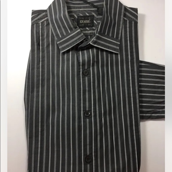 Guess Men Long Sleeve Dress Shirt Medium Grey Stripe White Cotton - Picture 5 of 9